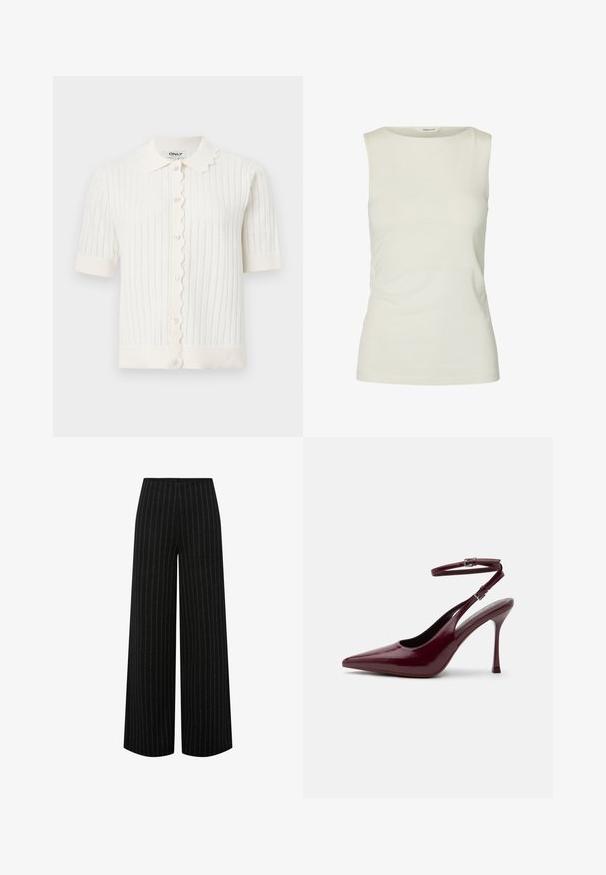 Cárdigan de punto blanco de manga corta con cuello scallop y cierre frontal con botones, con textura acanalada vertical y puños remangados.; Camiseta sin mangas blanca lisa con escote redondo, hecha de tela lisa, mostrada sobre un fondo blanco.; Pantalones negros de pierna ancha con rayas verticales blancas y cintura alta, mostrados extendidos sobre un fondo blanco.; Zapato de tacón alto en burdeos brillante con punta puntiaguda, correa en el tobillo con hebilla, tacón de aguja delgado, vista lateral sobre fondo liso.
