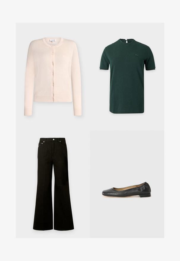 Cardigan rose clair à manches longues boutonné, avec poignets et ourlet côtelés, col rond et petit logo brodé sur la poitrine.; Chemise à manches courtes vert foncé avec des bords festonnés aux manches et à l'encolure, avec un petit logo brodé sur la poitrine gauche.; Jean noir taille haute à jambes larges avec bouton et fermeture éclair à l'avant, passants pour ceinture et cinq poches dont une petite poche pour pièces.; Ballerines en cuir noir avec un bout arrondi et des coutures minimales. Talon bas et rectangulaire avec une texture lisse. Détails subtils de doublure intérieure.