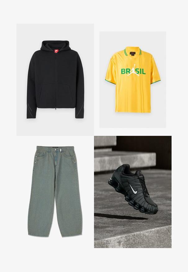 Sort lynlås-hættetrøje med forlomme, tekstureret stof, hætte med snøre og rød Nike-logo på nakkemærket. Har påsyede detaljer på ærmerne.; Gul kortærmet sportstrøje med grøn kant på krave og ærmer, teksten "BRASIL" og hvid silhuet af en basketballspiller på fronten.; Lyseblå bredbenede jeans lavet af denim med fem lommer, kontrasterende syninger og en subtil tekstur gennem hele stoffet.; Nike sportsko i mørkegrøn, med en glat syntetisk overdel, mesh-struktur, sorte snørebånd og en blank sål med air-dæmpning.