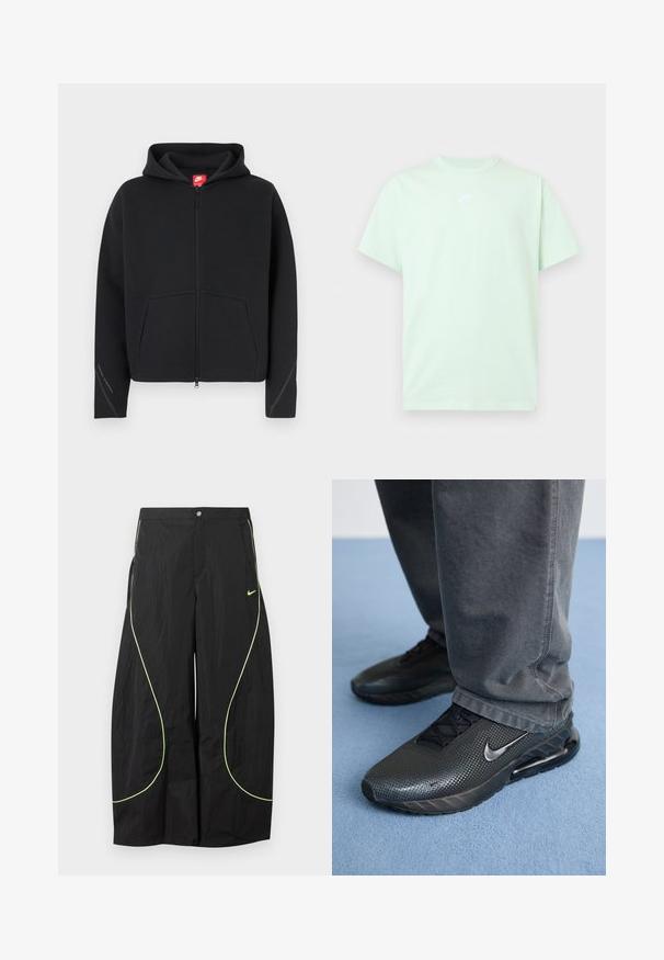 Sort lynlås-hættetrøje med forlomme, tekstureret stof, hætte med snøre og rød Nike-logo på nakkemærket. Har påsyede detaljer på ærmerne.; Lys grøn Nike T-shirt med korte ærmer, rund hals og lille hvidt logo centreret på brystet mod en ensfarvet baggrund.; Sorte Nike bukser med brede ben, med neon-grøn buet piping og lille Nike swoosh-logo på højre lår, knap- og lynlåslukning i taljen.; Sorte Nike træningssko med en struktureret overdel, perforerede detaljer og en synlig luftdæmpningsenhed, parret med grå bukser.