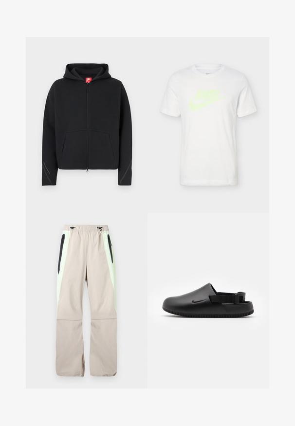 Čierna mikina na zips s predným vreckom, textúrovaná látka, kapucňa so šnúrkou a červené logo Nike na štítku v oblasti krku. Obsahuje prešívané detaily na rukávoch.; Biele krátky rukáv tričko Nike s neonovo žltým nápisom "RUN" a logom Swoosh na prednej strane, okrúhly výstrih, jednoduché pozadie.; Béžové nohavice so svetlozelenými bočnými panelmi, čiernymi zipsovými vreckami na stehnách a elastickým pásom s čiernymi šnúrkami.; Čierne formované dreváky s hladkým povrchom, so zadošným pásikom pre stabilitu a so zúbkovanou podrážkou pre lepšiu priľnavosť. Obsahujú malé logo na boku.