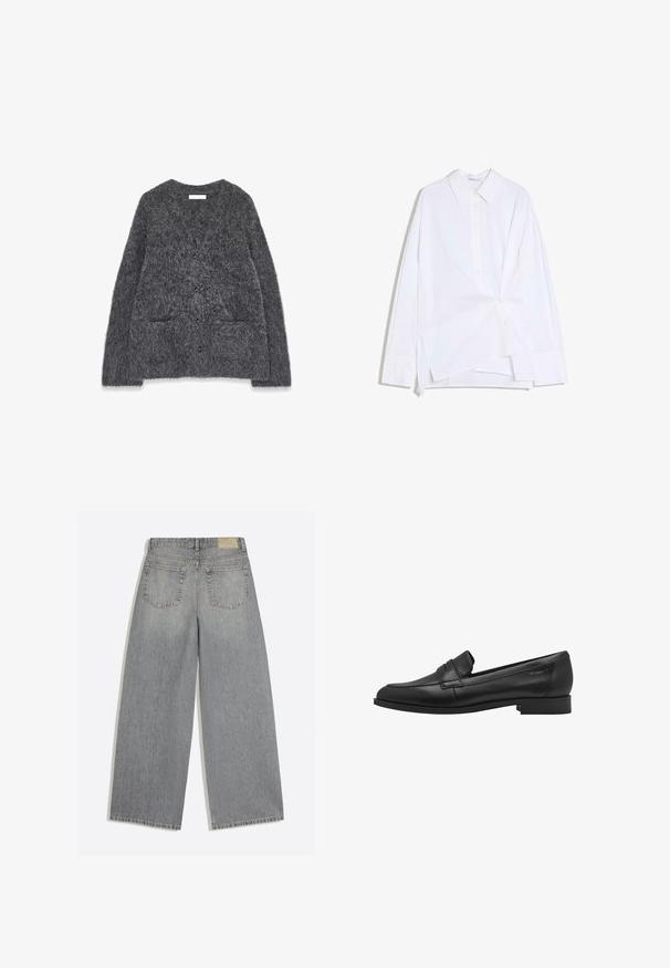 Grå, fuzzy cardigan med en blød tekstur, rund halsudskæring, for-placerede lommer og seks sorte knapper ned i midten.; Hvid langærmet skjorte med knapper, asymmetrisk snoet forstykke og klassisk krave, vist på en hvid baggrund.; Grå vidbenede denimjeans der viser bagsiden med to lommer og bæltestropper lagt fladt på hvid baggrund.; Sort læder loafersko med en glat tekstur, rund tå og en lille hævet stroppedesign. Har en lav, solid hæl.