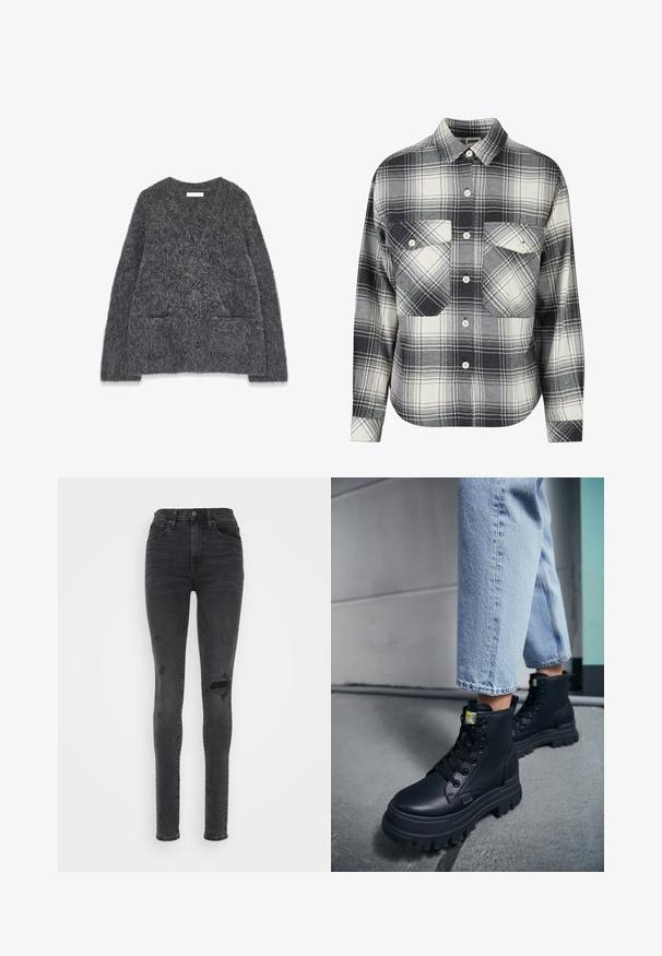 Grauer, flauschiger Cardigan mit weicher Textur, rundem Ausschnitt, vorderen Taschen und sechs schwarzen Knöpfen in der Mitte.; Karierte Flanellhemd in Schwarz, Weiß und Grau. Mit Knopfverschluss, zwei Brusttaschen und langen Ärmeln mit geknöpften Manschetten.; Dunkelgraue, enganliegende, hoch taillierte Jeans aus Denim mit abgenutzten Details, einschließlich Rissen am Knie und einer glatten Textur.; Person, die hellblaue Jeans und schwarze klobige Schnürstiefel trägt und auf einem Betonboden nahe einer Wand steht.