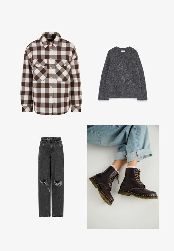 Cardigan gris, suave y esponjoso, con una textura blanda, escote redondeado, bolsillos frontales y seis botones negros en el centro.; Camisa de cuadros marrón y blanca con dos bolsillos en el pecho, que presenta un cuello clásico y un cierre frontal con botones. Textura de tela suave.; Jeans de tiro alto negros de pernera ancha con rodillas rasgadas y detalles desgastados sobre un fondo blanco.; Botas de tobillo de cuero marrón con diseño de cordones, forro de piel, costuras amarillas y suelas de goma gruesas. Combinadas con jeans celestes enrollados.