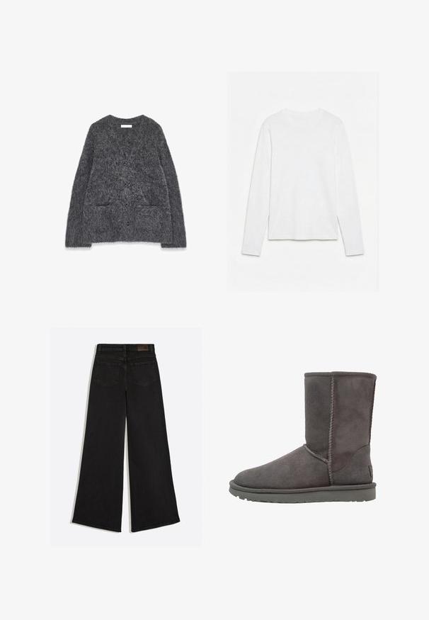 Grå, fuzzy cardigan med en blød tekstur, rund halsudskæring, for-placerede lommer og seks sorte knapper ned i midten.; Helt hvid langærmet t-shirt med rund hals lagt fladt på en hvid overflade, der viser fronten og hele ærmelængden.; Sort vidde jeans med baglommer og bæltestropper på linningen, set bagfra.; Grå ruskinds ankelstøvle med en rund tå, lodrette sømdetaljer og en flad gummisål. Har et enkelt, uudsmykket design.