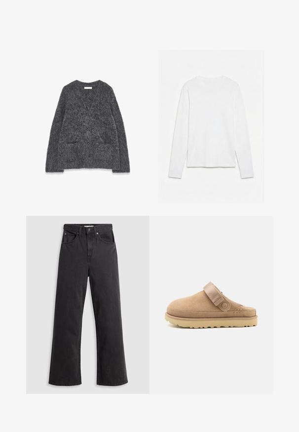 Grijze, fuzzy cardigan met een zachte textuur, ronde halslijn, voorzakken en zes zwarte knopen in het midden.; Effen wit, langarmig shirt met ronde hals, plat neerligt op een witte ondergrond, waarbij de voorkant en de volledige mouwlengte zichtbaar zijn.; Zwarte denim wijde-spijkerbroek met een hoge taille, vijf zakken en een metalen knoopsluiting. De stof heeft een gladde, licht vervaagde textuur.; Beige suède instapklomp met een gestructureerde bovenzijde, verstelbare band en een stevige rubberen zool met een grof patroon voor grip.