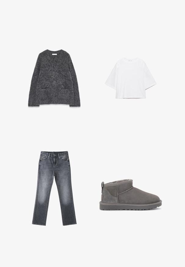 Grå, fuzzy cardigan med en blød tekstur, rund halsudskæring, for-placerede lommer og seks sorte knapper ned i midten.; Hvid, kortærmet, løs t-shirt lavet af blød bomuld. Har rund halsudskæring og brede ærmer, med et rent, enkelt design.; Mørkegrå straight-leg denimjeans med falmet finish, frontknap og lynlås og fem-lomme stil på hvid baggrund.; Grå ruskinds ankelstøvler med en blød indersål, minimal syning og en formstøbt gummisål. Har en løkke bagpå.