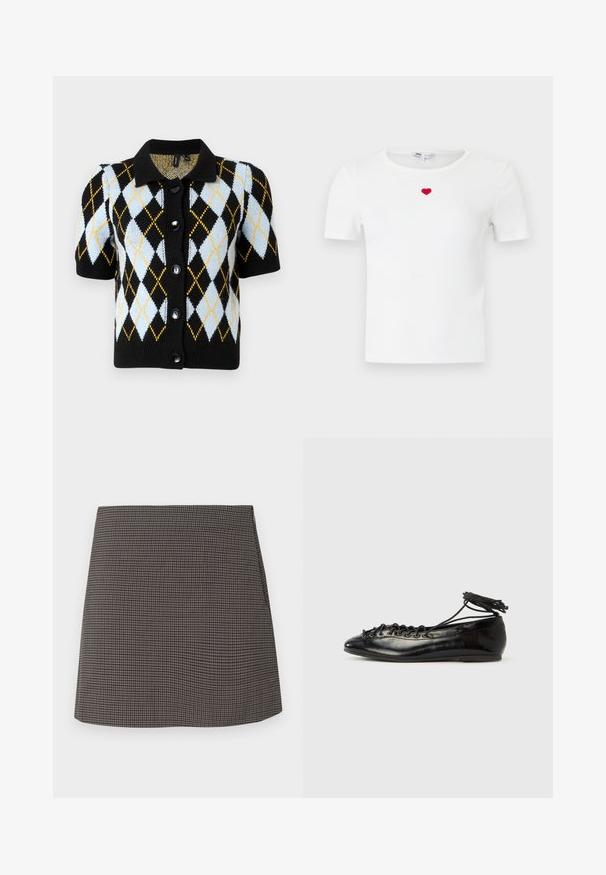 Sort kortærmet cardigan med krave, prydet med et diamantmønster i lyseblå, sort og gul. Fem sorte knapper.; Hvid, ribstrikket t-shirt med korte ærmer og et lille rødt hjerte broderet på midten af brystet under halsudskæringen.; Lige skåret mini-skjørt med små sorte og grå houndstooth mønster, uden synlige pynt eller lommer.; Sorte balletflade sko i laklæder med rundet tå, snørelukning og flad sål. Glat tekstur med få detaljer.