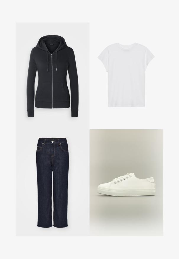 Haut zippé noir en tissu doux, doté d'une capuche avec cordon de serrage, de poches avant et de poignets côtelés pour un ajustement sûr.; T-shirt blanc à manches courtes, col rond, coupe décontractée, en tissu de coton doux. Texture lisse, sans motifs ni logos.; Jean en denim bleu foncé avec une coupe droite, cinq poches et un ourlet brut. Présente des coutures contrastées et un bouton métallique de fermeture.; Baskets basses blanches avec lacets blancs et semelle en caoutchouc, vues de côté sur un fond neutre.