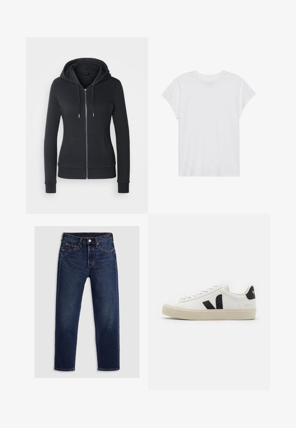 Haut zippé noir en tissu doux, doté d'une capuche avec cordon de serrage, de poches avant et de poignets côtelés pour un ajustement sûr.; T-shirt blanc à manches courtes, col rond, coupe décontractée, en tissu de coton doux. Texture lisse, sans motifs ni logos.; Jean en denim bleu foncé avec une coupe droite. Comprend une fermeture éclair avec un bouton, cinq poches et des coutures contrastantes.; Baskets en cuir blanc avec un logo V en caoutchouc noir. Semelle texturée blanc cassé, lacets blancs et détail sur le talon arrière portant le nom de la marque en noir.