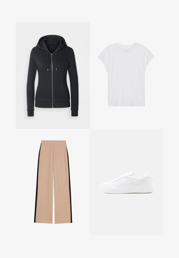 Haut zippé noir en tissu doux, doté d'une capuche avec cordon de serrage, de poches avant et de poignets côtelés pour un ajustement sûr.; T-shirt blanc à manches courtes, col rond, coupe décontractée, en tissu de coton doux. Texture lisse, sans motifs ni logos.; Pantalons larges beige avec une texture lisse, présentant des rayures noires sur les côtés. La taille est élastique pour plus de confort et une utilisation facile.; Baskets basses blanches avec semelle épaisse, design à lacets et détails de couture subtils sur un fond clair uni.
