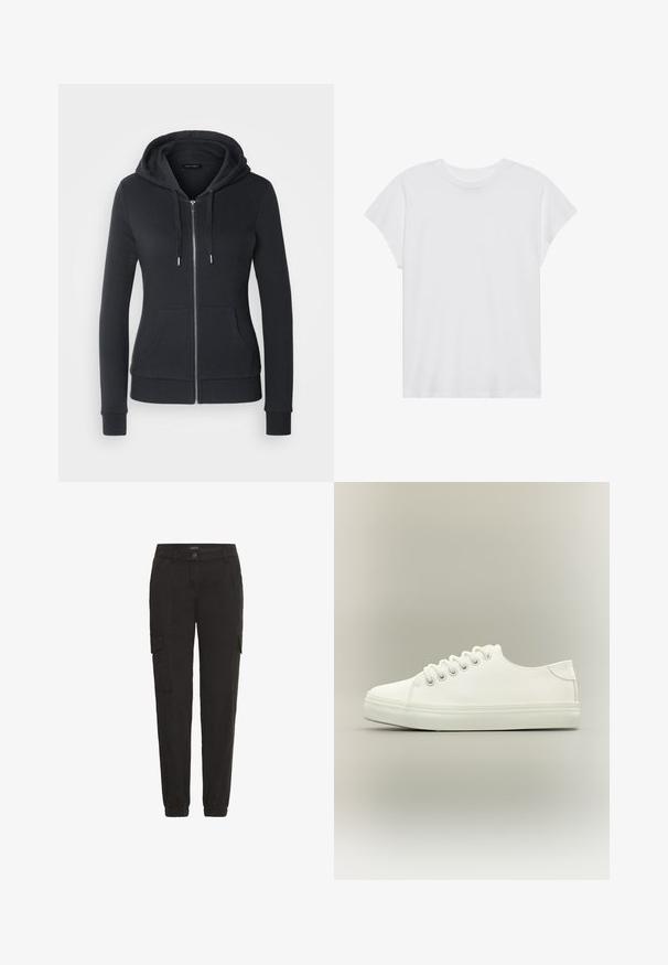 Sudadera con cremallera negra hecha de tejido suave, que presenta una capucha con cordones, bolsillos frontales y puños acanalados para un ajuste seguro.; Camiseta blanca de manga corta con cuello redondo, corte relajado, hecha de suave tela de algodón. Textura lisa, sin estampados ni logotipos.; Pantalones cargo negros de tela ligera, con cinturilla elástica, bolsillos laterales y un corte relajado.; Zapatilla blanca baja con cordones blancos y suela de goma mostrada desde vista lateral sobre un fondo neutro.
