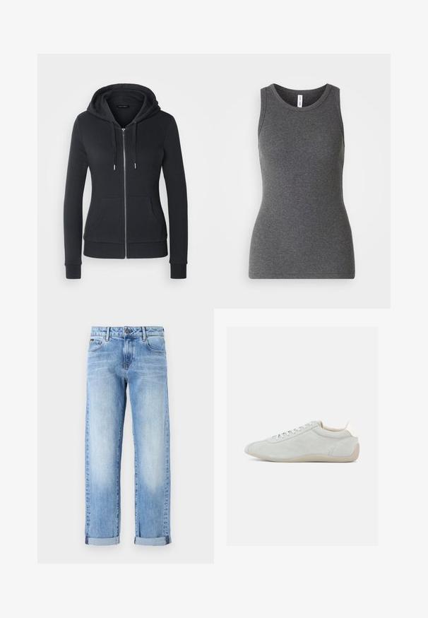 Zwarte ritssluiting hoodie gemaakt van zacht stof, met een trekkoord capuchon, voorzakken en ribgebreide mouwen voor een veilige pasvorm.; Grijze mouwloze tanktop van ribmateriaal; heeft een ronde halslijn en een getailleerd ontwerp. Geen patronen of extra accenten.; Lichtblauwe denim jeans met opgerolde mouwen, vooraan een knoop en rits, en een klassieke vijf-pocket ontwerp op een witte achtergrond.; Lichtgrijze suède sneaker met een laag profiel, vetersluiting en een zachte beige rubberen zool. Subtiele stikdetails zorgen voor textuur.