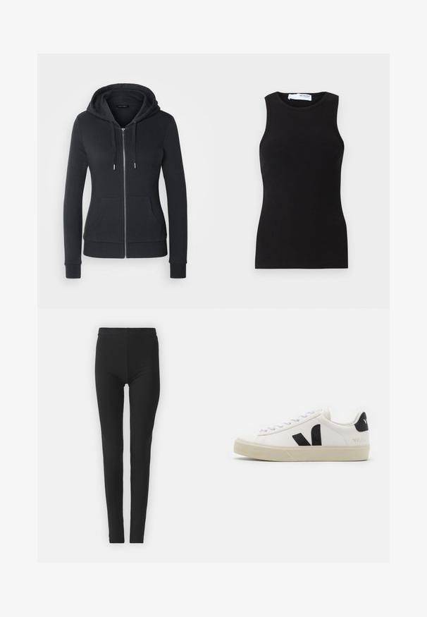 Sudadera con cremallera negra hecha de tejido suave, que presenta una capucha con cordones, bolsillos frontales y puños acanalados para un ajuste seguro.; Camiseta sin mangas negra de canalé con cuello redondo. Fabricada con un tejido elástico, tiene una forma ajustada y una textura suave.; Leggings negros y elásticos con un ajuste ceñido, que cuentan con una cintura alta y una textura suave. Sin patrones visibles ni detalles de hardware.; Zapatilla de cuero blanca con logo V de goma negra. Suela texturizada en blanco roto, cordones blancos y detalle en el talón trasero con el nombre de la marca en negro.