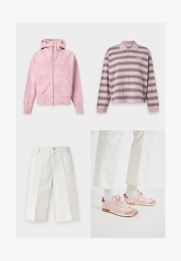 Hellrosa Zip-up-Hoodie mit Fronttaschen, Kordelzugkapuze, gerippten Bündchen und kleinem weißem Logo auf der Brust.; Langärmliges pinkfarbenes Poloshirt mit schwarzen und weißen horizontalen Streifen und einer zwei-Knopf-Blende, mit einem kleinen gestickten Logo auf der Brust.; Hellbeige kniehohe Shorts mit subtilen, vertikalen Nadelstreifen, Gürtelschlaufen, vorderer Knopfleiste und Reißverschluss.; Rosa Sport Schuhe mit einer Kombination aus glatten und strukturierten Materialien. Merkmale sind ein bordeauxfarbener Akzent an der Ferse und eine weiße Gummisohle.