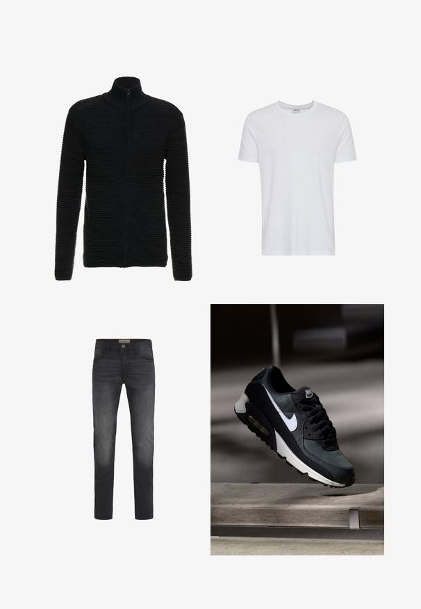 Schwarzer Reißverschluss-Pullover mit strukturiertem, horizontalem Rippenmuster, hohem Kragen und langen Ärmeln. Hergestellt aus weichem, flexiblem Material.; Schlichtes weißes T-Shirt mit kurzen Ärmeln und Rundhalsausschnitt, präsentiert auf weißem Hintergrund, mit einem kleinen Nackenetikett, das die Marke „Solid“ zeigt.; Dunkelblaue Jeans mit Slim-Fit-Schnitt, Knopfverschluss, fünf Taschen und einem leichten Ausbleichungseffekt an den Oberschenkeln.; Schwarzer und grauer Nike Air Max Sneaker mit weißem Swoosh, schwebend über einer Betonfläche vor einem verschwommenen dunklen Hintergrund.