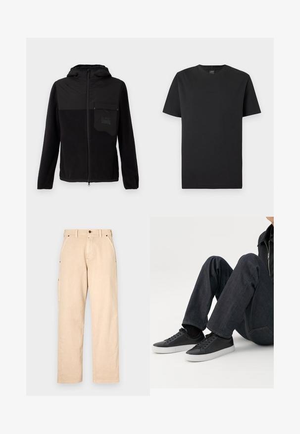 Veste à capuche noire en tissu polaire et tissu lisse, avec fermeture éclair, poche avant et un écusson logo sur la poitrine.; T-shirt noir à manches courtes en coton. Il possède un col rond et un logo embossé discret sur le devant. Texture lisse, coupe regular.; Pantalon en coton beige avec une coupe droite, doté de poches latérales, de passants de ceinture et d'une fermeture à bouton à l'avant. Texture lisse, design minimaliste.; Personne assise avec les jambes pliées, portant un jean bleu foncé et des baskets basses noires avec des semelles blanches sur fond blanc.