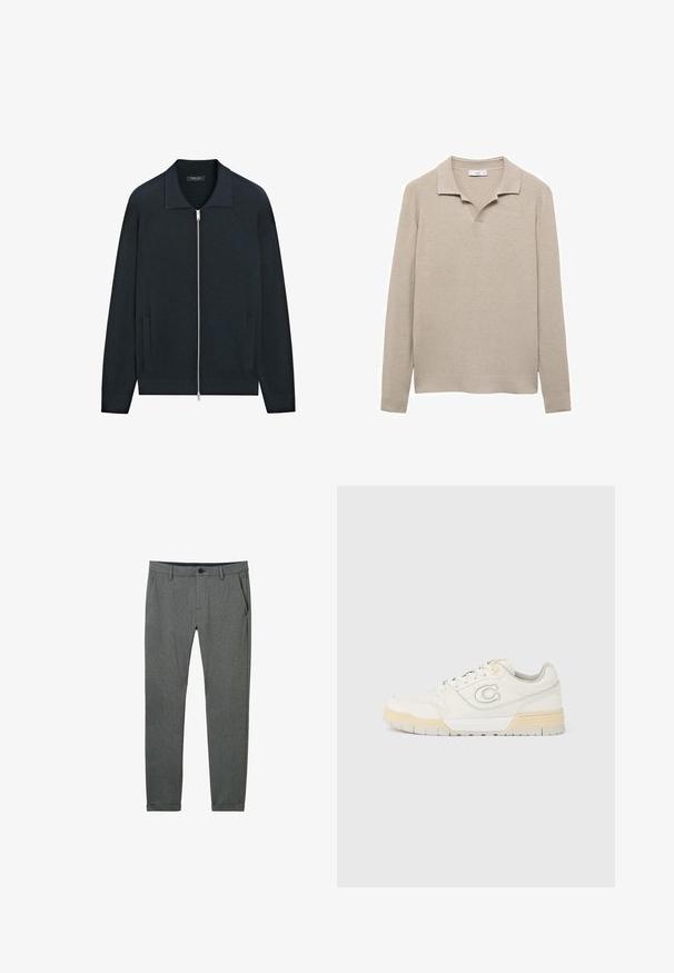 Mørkeblå lynlåstrøje lavet af blødt strikstof, med en bred krave, to sidelommer og detaljer i sølv lynlås.; Beige ribbetstrik pullover med kravehals, V-udskæring foran, lange ærmer og lige bundkant. Glat tekstur hele vejen igennem.; Grå bukser lavet af struktureret stof, med en slim fit, sidelommer, bæltestropper og en enkelt knaplukning i livet.; Hvid lædersneaker med beige sål, rundet tå, snørebånd foran og logodetalje på siden. Har en polstret krave for komfort.