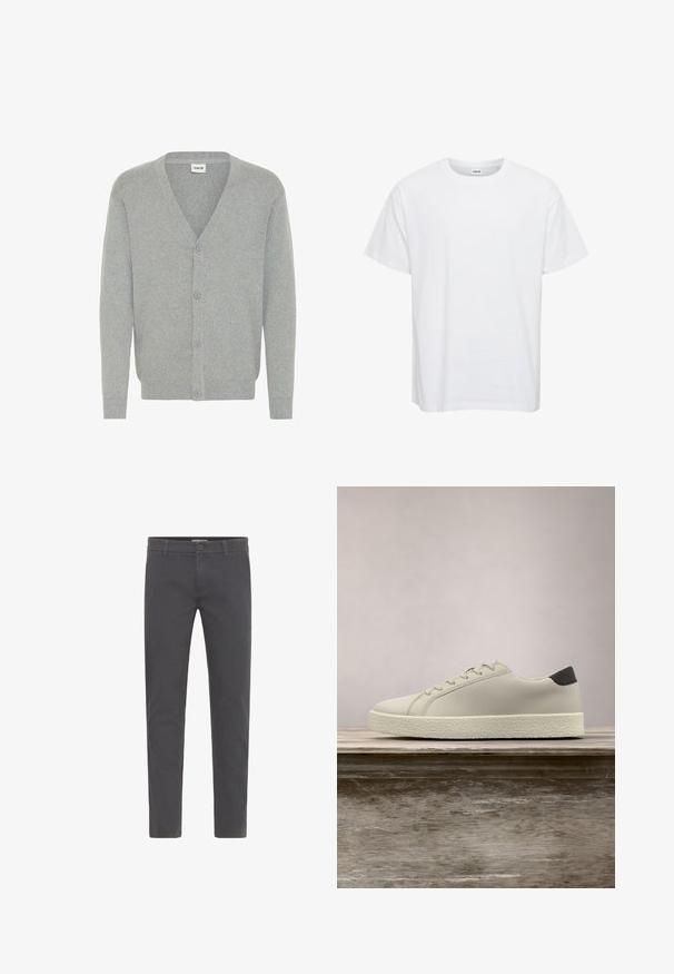 Cárdigan gris con diseño de cuello en V, que cuenta con cinco botones en la parte delantera, puños acanalados y un material de punto suave y texturizado.; Camiseta de algodón blanca con mangas cortas, cuello redondo y un corte holgado. Textura suave, sin patrones ni acentos. Diseño simple.; Pantalones grises de corte ajustado, elaborados en suave algodón. Presentan un cierre con botón, presillas para cinturón y un diseño limpio y aerodinámico. Sin patrones visibles.; Zapatilla blanca con suela texturizada y detalle negro en el talón, flotando sobre un banco de madera con hierba alta y verde de fondo.