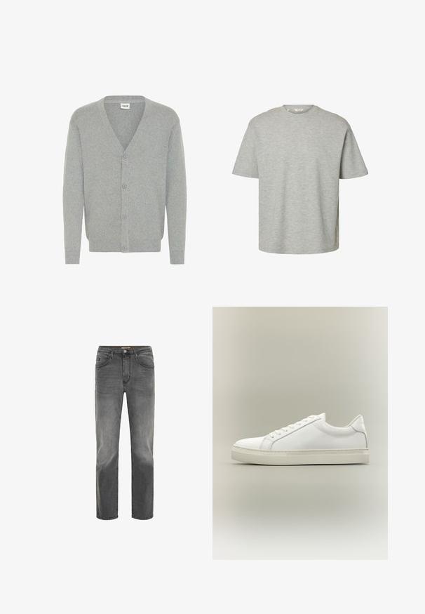 Grå cardigan med V-udskæring, med fem knapper foran, ribstrikkede manchetter og et blødt, struktureret strikmateriale.; Lysegrå kortærmet T-shirt med rund hals, løs pasform og blødt bomuldsstof.; Drejede mænds jeans i falmet mørkegrå denim med frontlommer, bæltestropper og knappelukning.; Hvid lavtop sneaker med snørebånd foran og tyk sål, vist fra siden mod en neutral baggrund.