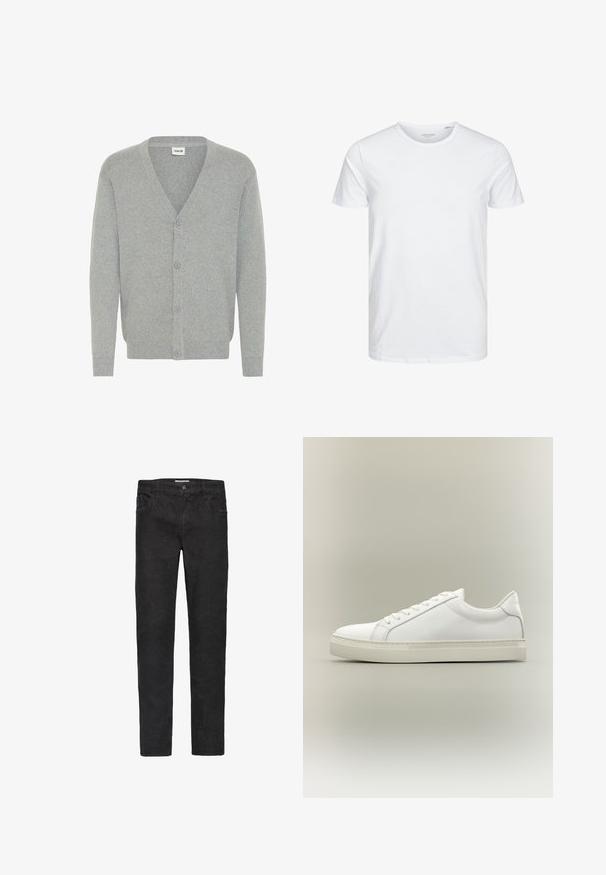 Grå cardigan med V-udskæring, med fem knapper foran, ribstrikkede manchetter og et blødt, struktureret strikmateriale.; Rundhals kortærmet t-shirt i ensfarvet hvid, lavet af blød bomuld, har et simpelt design uden synlige mønstre eller detaljer.; Sorte denim jeans med lige ben. Funktioner inkluderer fem lommer, knaplukning og diskrete syninger langs sømmene.; Hvid lavtop sneaker med snørebånd foran og tyk sål, vist fra siden mod en neutral baggrund.