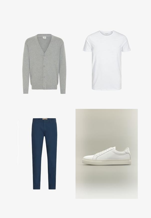 Grijze cardigan met een V-hals ontwerp, voorzien van vijf knopen aan de voorkant, geribbelde manchetten en een zachte, gestructureerde breimateriaal.; Ronde hals kortemouwen t-shirt in effen wit, gemaakt van zachte katoen, heeft een eenvoudig ontwerp zonder zichtbare patronen of accenten.; Marineblauwe slim-fit herenbroek met riemlussen, sluiting met knoop aan de voorkant en zijzakken, tentoongesteld tegen een witte achtergrond.; Witte lage sneaker met veters aan de voorkant en dikke zool, zijaanzicht tegen een neutrale achtergrond.