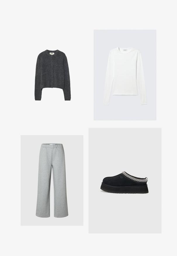 Gilet gris foncé en tissu tricoté texturé, avec un col rond, des manches longues et six boutons sur le devant.; T-shirt blanc uni à manches longues avec col rond et coupe slim, présenté sur un fond gris clair.; Pantalons larges gris clair en tissu doux, dotés d'une taille élastique et d'un design simple et sans ornements.; Chaussure noire en daim à enfiler avec une semelle plus épaisse, présentant des accents tissés texturés blancs et noirs au col.