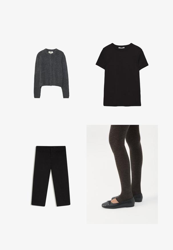 Gilet gris foncé en tissu tricoté texturé, avec un col rond, des manches longues et six boutons sur le devant.; T-shirt noir en coton à manches courtes avec encolure ronde, coupe standard et étiquette intérieure visible au niveau du col.; Pantalon noir court à jambes droites, taille plate avec ceinture, sans poches visibles, présenté sur fond blanc.; Jambes portant des leggings côtelés foncés associés à des ballerines noires avec de petits détails en nœud sur fond blanc.