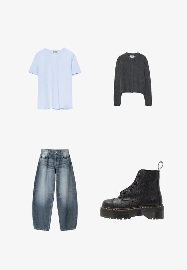 Gilet gris foncé en tissu tricoté texturé, avec un col rond, des manches longues et six boutons sur le devant.; T-shirt à manches courtes bleu clair avec col rond, au design simple et épuré, présenté sur un fond blanc.; Jean large en denim bleu clair avec décoloration, présentant un design à cinq poches, un bouton de fermeture et des détails de couture minimaux.; Bottines en cuir noir avec surface texturée, bout arrondi, lacets, coutures jaunes et une épaisse semelle noire crantée.