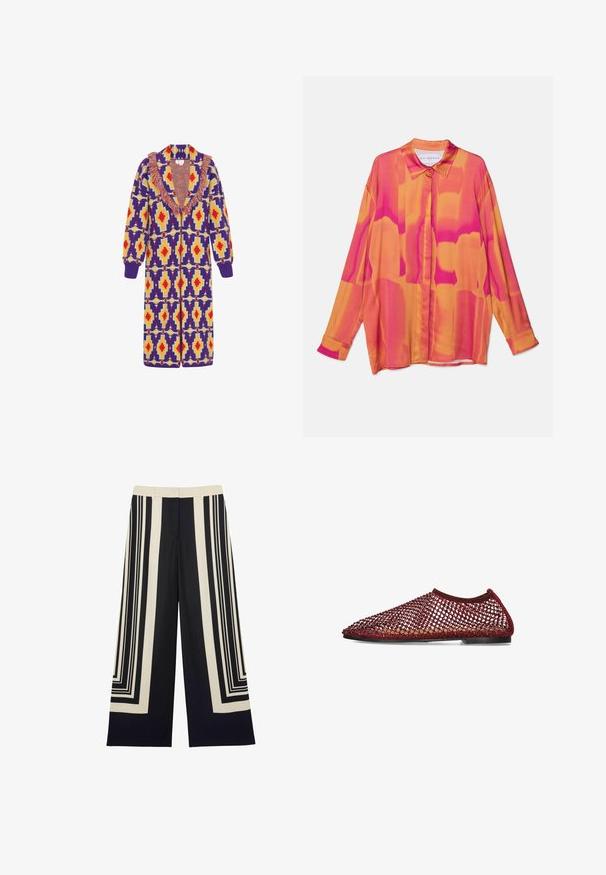 Geketende cardigan met levendige geometrische patronen in paars, geel en rood. Heeft een franjerand langs de kraag en lange mouwen.; Lange mouwen shirt in levendige roze en oranje tinten, met een knoopsluiting aan de voorkant, een klassieke kraag en een vloeiende, lichte stof.; Broek met wijde pijpen en zwart-crème geometrisch verticaal en rechthoekig streeppatroon, platte voorkant en tailleband.; Rood vlakke schoen met open, netachtige ontwerp en leren zool, zijaanzicht op een witte achtergrond.