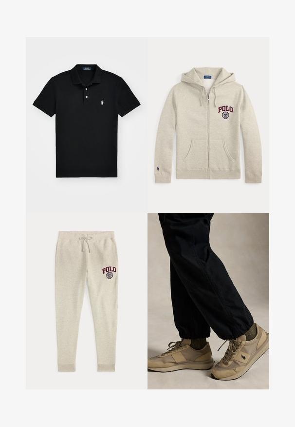 Sweat à capuche zippé beige clair avec poches avant, capuche à cordon, texte "POLO" et emblème sur la poitrine gauche, et petit logo cheval sur le bord de la manche gauche.; Polo noir en coton, avec un col classique, une patte de boutonnage à trois boutons, des manches courtes et un logo blanc sur la poitrine gauche.; Pantalon de survêtement beige à cordon avec poches latérales et logo et emblème rouges "POLO" sur la partie supérieure de la cuisse gauche.; Personne portant des baskets beiges à lacets avec un logo noir, des chaussettes vert olive et un pantalon noir avec des poignets élastiques, debout sur un sol neutre.