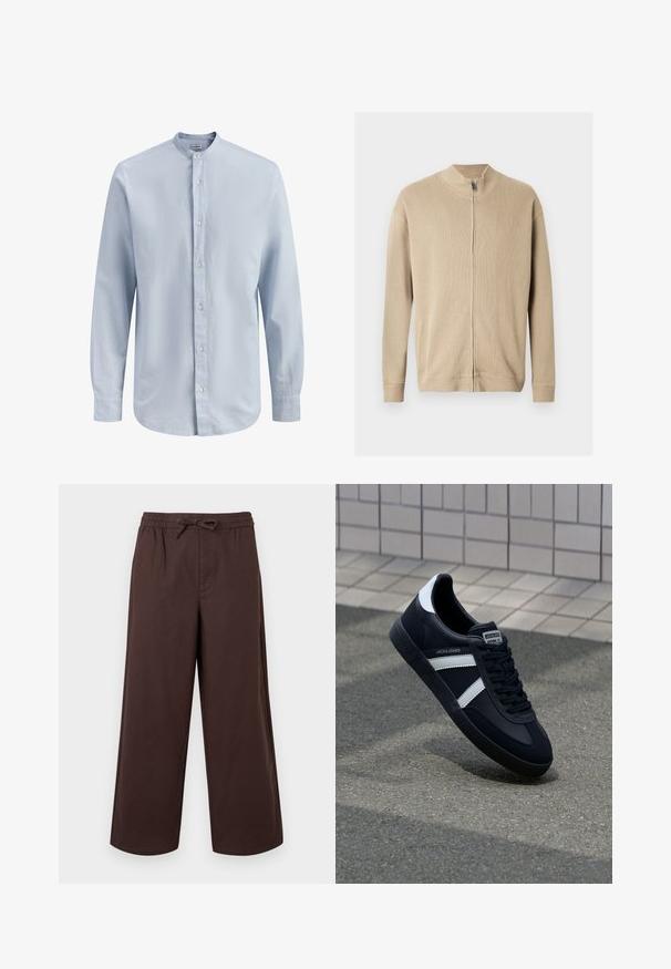 Pull beige zippé avec un col montant, une texture côtelée et des manches longues. Des lignes épurées et des détails de coutures subtiles rehaussent son design.; Chemise pour homme à manches longues bleu clair avec col mandarin et boutons blancs sur le devant, présentant une texture subtile.; Pantalon marron à jambes larges avec taille élastique et lien de serrage à l'avant, fabriqué en tissu lisse.; Sneaker en cuir noir avec des rayures blanches, semelle en caoutchouc texturée et devant à lacets. Présente une étiquette de marque sur la languette.