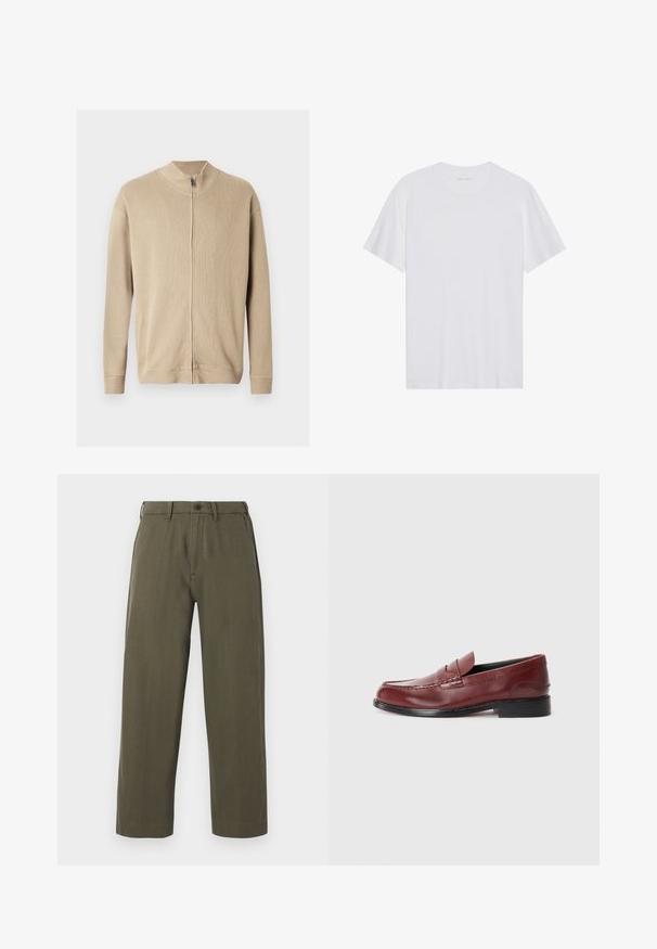 Beige lynlås-sweater med høj krave, ribbet tekstur og lange ærmer. Rene linjer og subtile syningsdetaljer forbedrer designet.; Hvid bomulds T-shirt med korte ærmer, rund hals og en glat tekstur. Har minimal branding på halsudskæringen.; Olivengrønne bukser med lige ben, bæltestropper, knaplukning foran og sidelommer, vist på en hvid baggrund.; Burgunderfarvet læder loafer med en glat finish, dekorativ søm og en rund tå. Har en lav sort hæl.