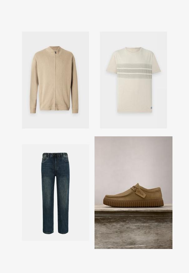 Beige sweater met ritssluiting, een hoge kraag, een geribbelde structuur en lange mouwen. Strakke lijnen en subtiele stiksel details verbeteren het ontwerp.; Beige T-shirt met korte mouwen en een ronde hals, met drie horizontale lichtgrijze strepen over de borst.; Donkerblauwe spijkerbroeken van denim met elastische tailleband en zwart-wit aantrekkoord, rechte pijpen en voorzakken.; Lichtbruine suède schoenen met een ronde neus, gestikte details en een geribbeld bruine rubberen zool. Bevat een zijlabel met het "Clarks" logo.
