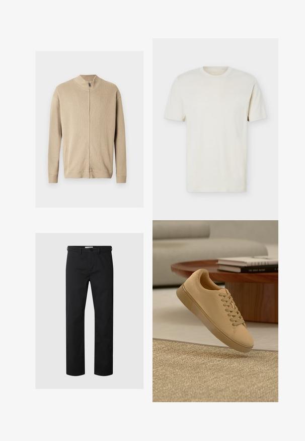 Pull beige zippé avec un col montant, une texture côtelée et des manches longues. Des lignes épurées et des détails de coutures subtiles rehaussent son design.; T-shirt à manches courtes couleur blanc cassé uni avec col rond et logo discret sur le côté gauche de la poitrine, présenté sur un fond blanc uni.; Pantalon noir à jambes droites avec passants de ceinture et fermeture par bouton à la taille, présenté sur un fond clair uni.; Baskets beiges à lacets flottant au-dessus d'un tapis texturé avec une table basse en bois et des livres empilés en arrière-plan flou.