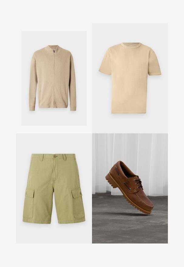 Pull beige zippé avec un col montant, une texture côtelée et des manches longues. Des lignes épurées et des détails de coutures subtiles rehaussent son design.; T-shirt beige en coton à manches courtes et col rond avec une coupe décontractée et des détails de couture subtils sur un fond clair.; Shorts cargo kaki clair avec fermeture par bouton, passants pour ceinture et deux grandes poches à rabat à bouton sur chaque cuisse.; Chaussure de bateau en cuir marron avec des lacets noirs, des coutures beiges et une semelle robuste, suspendue au-dessus d'un sol en béton gris.
