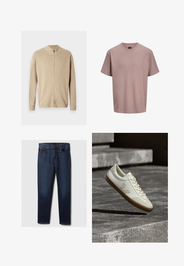 Beiger Reißverschluss-Pullover mit hohem Kragen, gerippter Struktur und langen Ärmeln. Klare Linien und dezente Nahtdetails verleihen dem Design eine ansprechende Note.; Kurzärmeliges T-Shirt in hellem Mauve mit Rundhalsausschnitt und kleinem, dezentem Logo auf der linken Brust, präsentiert auf schlichtem weißen Hintergrund.; Dunkelblaue Slim-Fit-Jeans aus Denim mit leichtem Verblassen an den vorderen Oberschenkeln, Kupferriegeln und klassischem Fünf-Taschen-Stil, flach auf weißem Hintergrund ausgelegt.; Weiße Leder-Sneaker mit beige-gummiartiger Sohle, flachen Schnürsenkeln und V-förmigem Akzent an der Seite. Verfügt über eine glatte Oberfläche und minimale Nahtdetails.