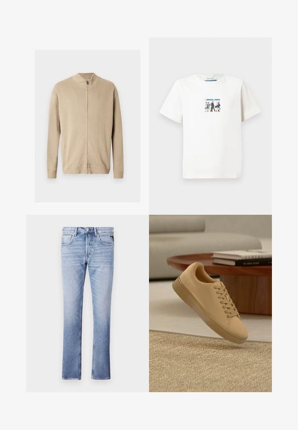 Beiger Reißverschluss-Pullover mit hohem Kragen, gerippter Struktur und langen Ärmeln. Klare Linien und dezente Nahtdetails verleihen dem Design eine ansprechende Note.; Weißes T-Shirt mit kurzen Ärmeln, das eine kleine Grafik von fünf gehenden Flugbegleitern der Pan Am und das Pan Am-Logo in Blau zeigt.; Hellblaue Denim-Jeans mit geradem Bein, fünf Taschen und sichtbaren Nähdetails. Glatte Textur und klassischer Schnitt.; Beiger geschnürter Sneaker, der über einem strukturierten Teppich mit Holzcouchtisch und gestapelten Büchern im verschwommenen Hintergrund schwebt.
