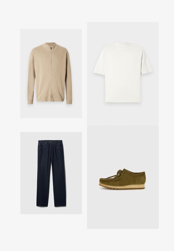 Beige sweater met ritssluiting, een hoge kraag, een geribbelde structuur en lange mouwen. Strakke lijnen en subtiele stiksel details verbeteren het ontwerp.; Effen witte T-shirt met korte mouwen en een relaxte pasvorm, weergegeven op een lichtgrijze achtergrond.; Donkerblauwe rechte spijkerbroek met vijf zakken, knoopsluiting en zichtbare stiksels op een effen lichte achtergrond.; Olijfgroene suède schoen met een ronde neus, vetersluiting en een lage, gestructureerde rubberen zool. Minimale stiknaad details langs de rand.