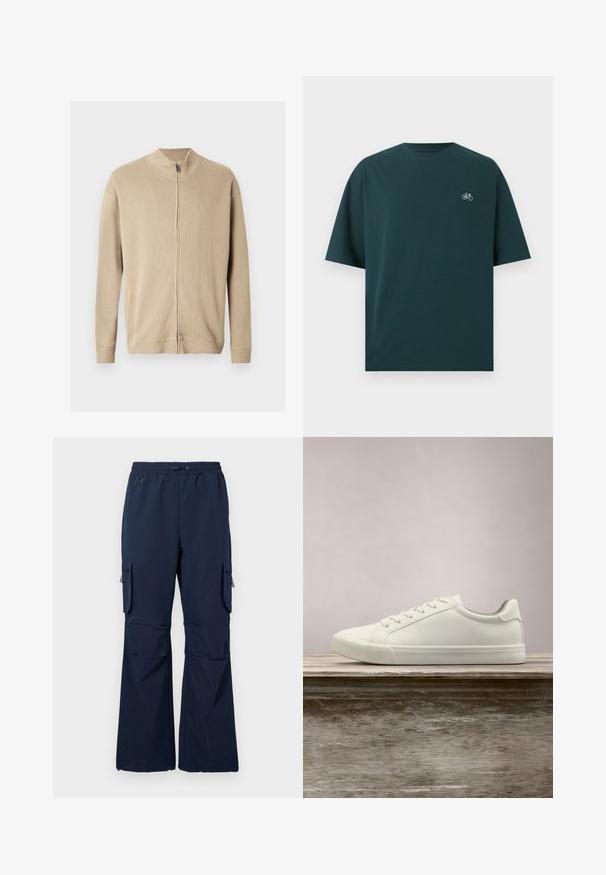 Pull beige zippé avec un col montant, une texture côtelée et des manches longues. Des lignes épurées et des détails de coutures subtiles rehaussent son design.; T-shirt vert foncé à manches courtes avec col rond et petite icône blanche de bicyclette sur le côté gauche de la poitrine.; Pantalons cargo navy en tissu léger avec taille à cordon, deux poches latérales et poches cargo zippées sur les deux jambes.; Sneaker en dentelle blanche flottant au-dessus d'un banc en bois avec un feuillage vert en arrière-plan, mettant en valeur le design et la texture de la chaussure.