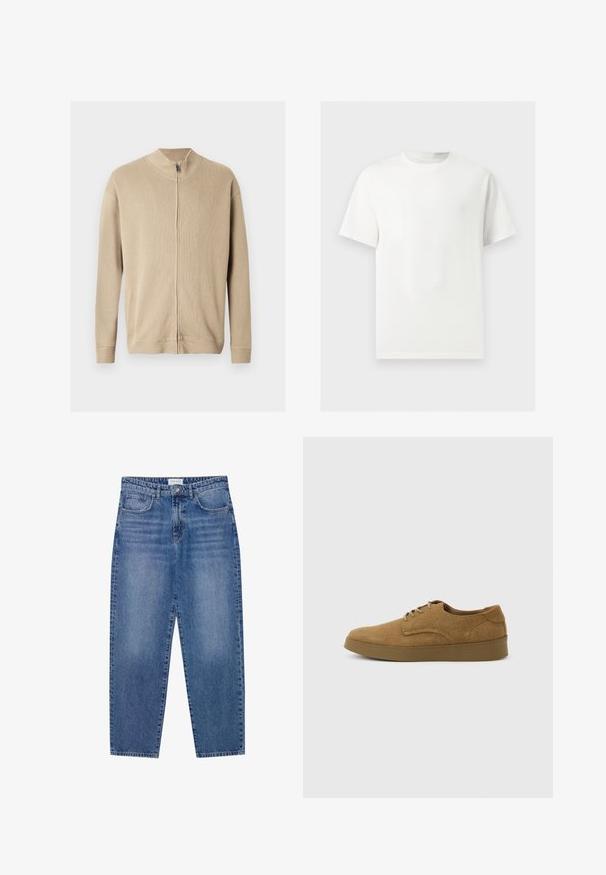 Beiger Reißverschluss-Pullover mit hohem Kragen, gerippter Struktur und langen Ärmeln. Klare Linien und dezente Nahtdetails verleihen dem Design eine ansprechende Note.; Ein einfaches weißes T-Shirt mit kurzen Ärmeln und Rundhalsausschnitt, dargestellt auf einem hellgrauen Hintergrund.; Blaue Denim-Jeans mit hoher Taille, geradem Bein und ausgebleichtem Finish. Verfügt über fünf Taschen und einen Knopfverschluss.; Brauner Wildleder-Schnürschuh für den Alltag mit flacher Gummisohle, von der Seite auf hellem, einfachem Hintergrund gesehen.