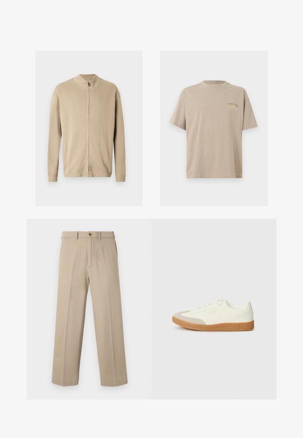 Pull beige zippé avec un col montant, une texture côtelée et des manches longues. Des lignes épurées et des détails de coutures subtiles rehaussent son design.; T-shirt beige à manches courtes en coton avec col rond et petit imprimé sur la poitrine indiquant "Originals Since 1990" en vert et beige.; Pantalon beige à jambes droites avec passants pour ceinture, fermeture par bouton et poches avant, présenté sur un fond blanc uni.; Baskets en cuir blanc avec une coque beige et une semelle en caoutchouc marron clair. Dotées de lacets blancs plats et d'un logo embossé sur le côté.