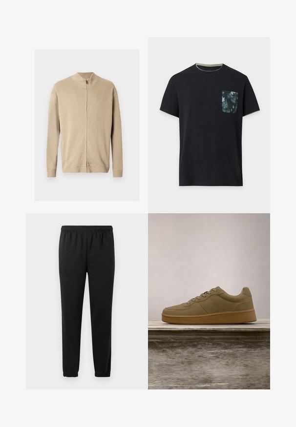 Pull beige zippé avec un col montant, une texture côtelée et des manches longues. Des lignes épurées et des détails de coutures subtiles rehaussent son design.; T-shirt noir à manches courtes avec un bord vert au col et aux manches et une poche poitrine à motif floral sombre sur le côté gauche.; Pantalons de survêtement noirs avec taille élastique, jambes fuselées et tissu texturé. Présente un détail de logo subtil sur le côté gauche.; Baskets vert olive à lacets flottant au-dessus d'un banc en bois, avec un feuillage vert flou en arrière-plan.