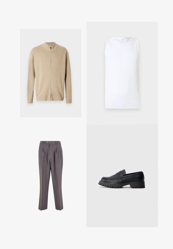 Pull beige zippé avec un col montant, une texture côtelée et des manches longues. Des lignes épurées et des détails de coutures subtiles rehaussent son design.; Débardeur blanc sans manches en tissu côtelé avec encolure ronde sur fond clair uni.; Pantalons plissés gris en tissu lisse, avec une coupe droite, une fermeture à bouton unique et des poches latérales en biais.; Mocassins en cuir noir avec un bout arrondi, présentant une sangle décorative et une semelle en caoutchouc épaisse avec de profonds crampons pour une meilleure adhérence.