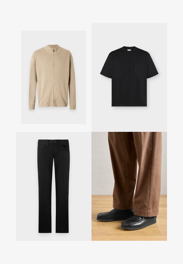 Beige lynlås-sweater med høj krave, ribbet tekstur og lange ærmer. Rene linjer og subtile syningsdetaljer forbedrer designet.; Sort kortærmet t-shirt med rund hals og venstre brystlomme, vist på en grå baggrund.; Sorte jeans med lige ben, fem lommer, bæltestropper og knaplukning i taljen, vist mod en ensfarvet baggrund.; Sorte lædersko med mokkasin-design og syningdetaljer, parret med brune bukser, på et trægulv.