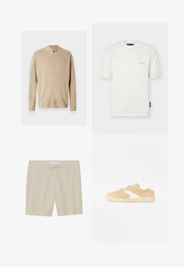 Beige-vetoketjuneulepaita korkealla kauluksella, ribbineuloksella ja pitkillä hihoilla. Siistit linjat ja hienovaraiset ompelut korostavat sen designia.; Valkoinen lyhythihainen pyöreäkauluksinen t-paita, jossa rintakehässä pieni "Marc O'Polo"-teksti ja kangasmerkki vasemmassa sivusaumassa.; Khaki-värisiä shortsit, jotka on tehty pehmeästä kankaasta, jossa on nauhakuja, kaksi sivutaskua ja rento istuvuus.; Beige mokkasienet, joissa on valkoisia yksityiskohtia, pyöreä kärki ja nauhakiristys. Karkaistu päällinen ja kumipohja, jossa on huomaamaton brändäys.