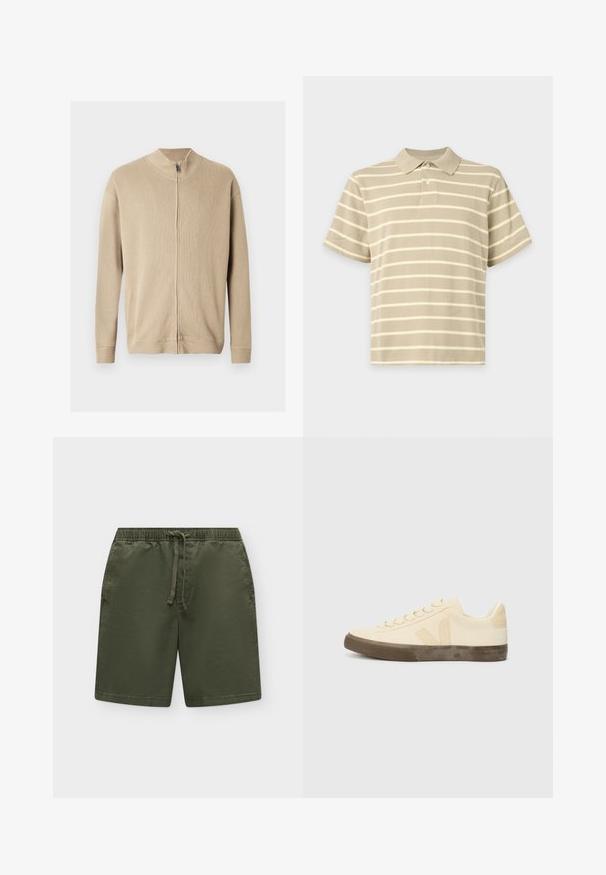 Pull beige zippé avec un col montant, une texture côtelée et des manches longues. Des lignes épurées et des détails de coutures subtiles rehaussent son design.; Polo beige à manches courtes avec des rayures horizontales blanches et deux boutons sur la patte de boutonnage avant.; Shorts longueur genou vert olive avec taille élastique et cordon à l'avant, posés à plat sur un fond clair.; Sneakers en toile beige avec bout rond, lacets plats et semelle en caoutchouc brun texturée. Présente un logo sur le côté et un design minimaliste.