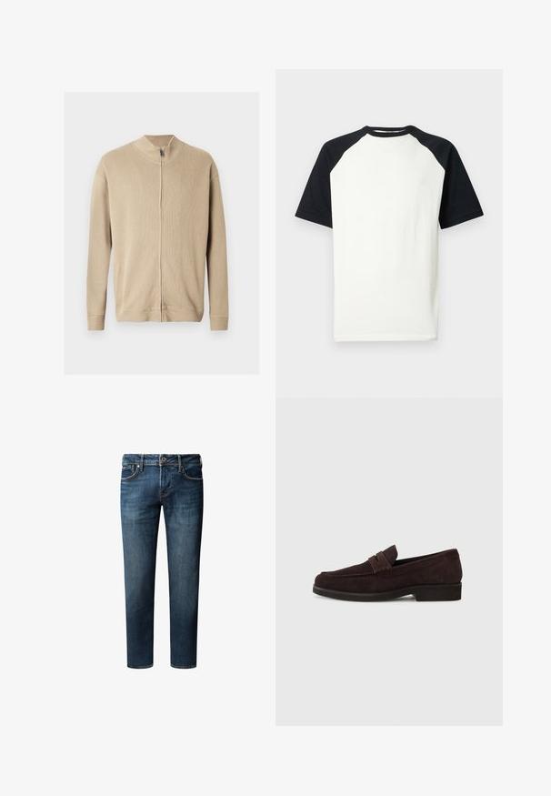 Beiger Reißverschluss-Pullover mit hohem Kragen, gerippter Struktur und langen Ärmeln. Klare Linien und dezente Nahtdetails verleihen dem Design eine ansprechende Note.; Kurzärmliges Raglan-T-Shirt mit weißem Körper sowie schwarzen Ärmeln und Kragen, dargestellt auf weißem Hintergrund.; Dunkelblaue Denim-Jeans mit geradem Bein, die über fünf Taschen, einen Knopfverschluss und dezente Verfärbungen im Stoff verfügen.; Braune Wildleder-Slipper mit niedrigem Profil und runder Zehenform. Verfügt über einen dekorativen Riemen über dem Obermaterial, eine flache Gummisohle und keine sichtbaren Nähte.