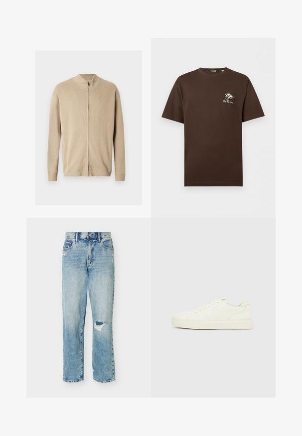 Pull beige zippé avec un col montant, une texture côtelée et des manches longues. Des lignes épurées et des détails de coutures subtiles rehaussent son design.; T-shirt marron à manches courtes avec un petit graphisme blanc de cassette et le texte « Play the future » sur la poitrine gauche.; Jean en denim bleu clair avec une coupe décontractée, présentant des zones usées et une petite déchirure au genou droit.; Baskets basses blanches avec laçage à l'avant, dessus en cuir lisse et semelle épaisse en caoutchouc, vues de côté extérieur sur un fond uni.