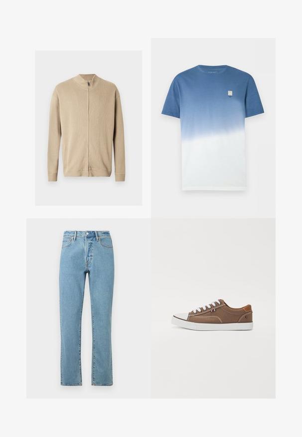 Beige sweater met ritssluiting, een hoge kraag, een geribbelde structuur en lange mouwen. Strakke lijnen en subtiele stiksel details verbeteren het ontwerp.; T-shirt met korte mouwen en ronde hals met een blauw-witte verloopkleur en een klein vierkant logo op de bovenste linkerkant van de borst.; Lichtblauwe denim jeans met een rechte pijp, voorzien van oranje stiksel, een knoopsluiting en een klassieke vijf-pocketontwerp.; Bruine canvas sneakers met witte veters, rubberen neuskap en contrasterende tan accenten op de hiel, met een klein driekleurig embleem.